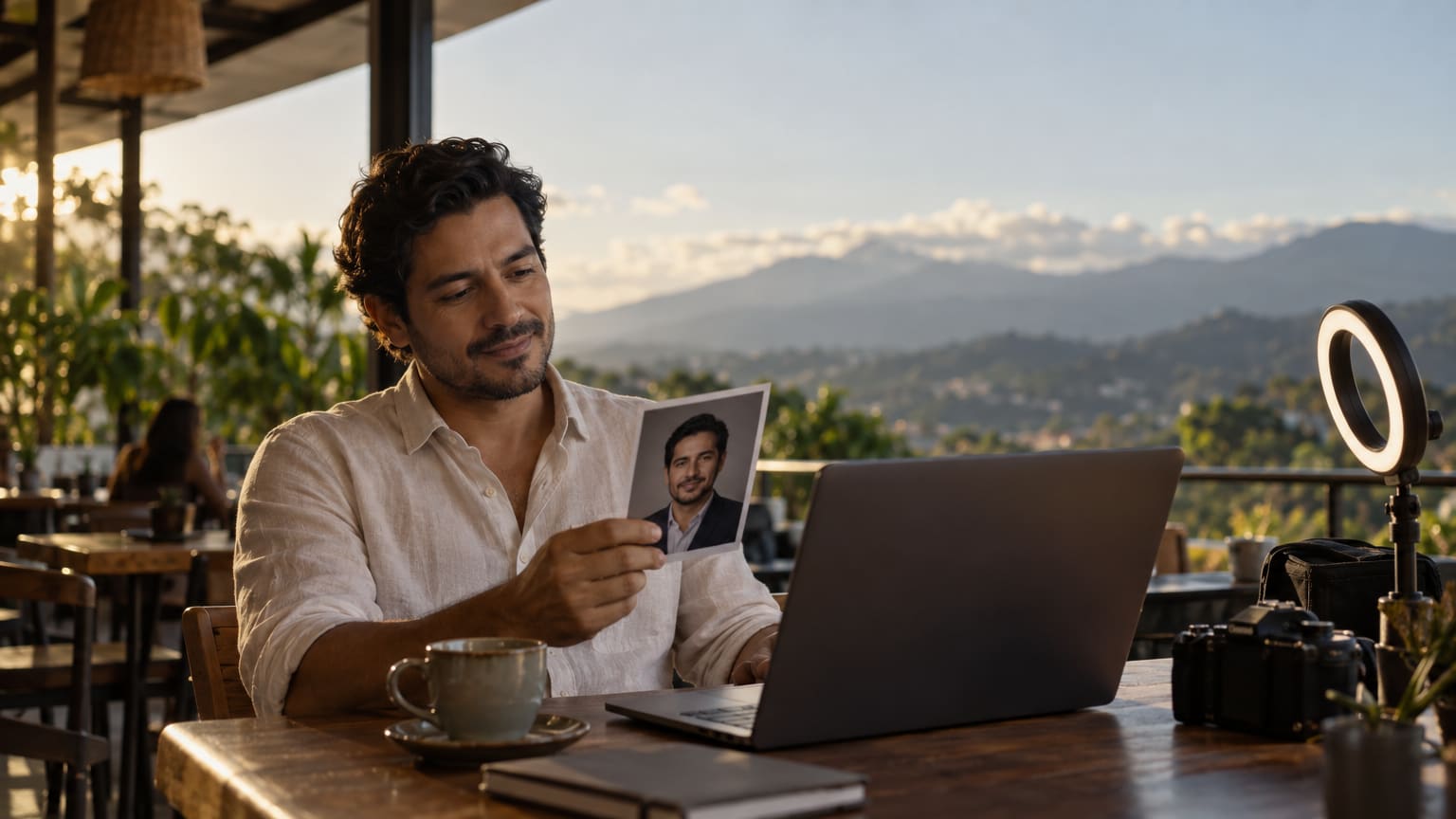 Hombre con foto profesional y laptop, armando su perfil