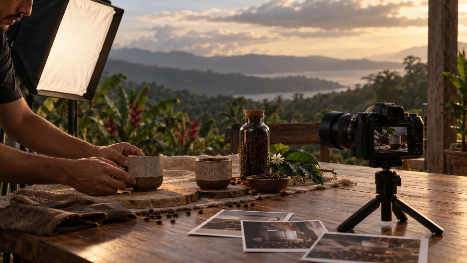 Sesión de fotos de producto con taza, café y cámara